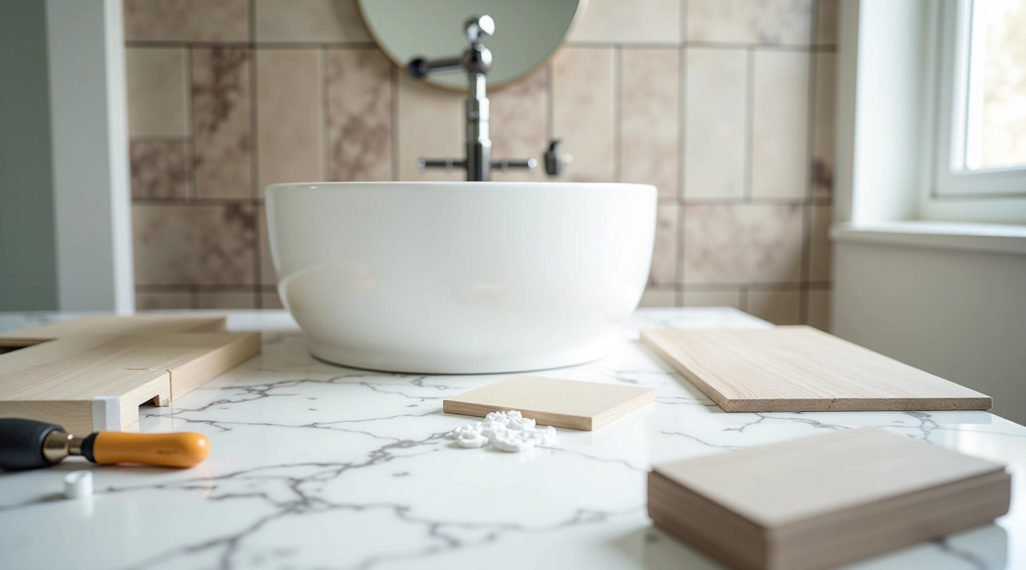 Bathroom tile renovation workspace with tools and materials