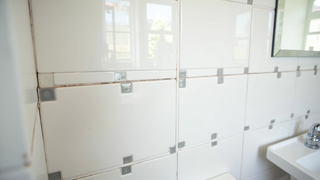 Bathroom tiles laid out with plastic spacers showing proper grid alignment and even grout lines