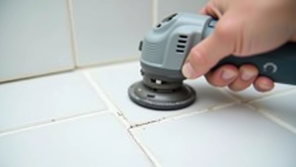 Close-up detail of grout lines being carefully cut with oscillating multi-tool, showing dust control and precision technique for separating tiles