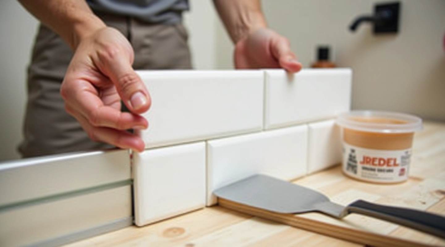 Hands holding white ceramic bathroom tiles with grout spatula and level on wooden surface