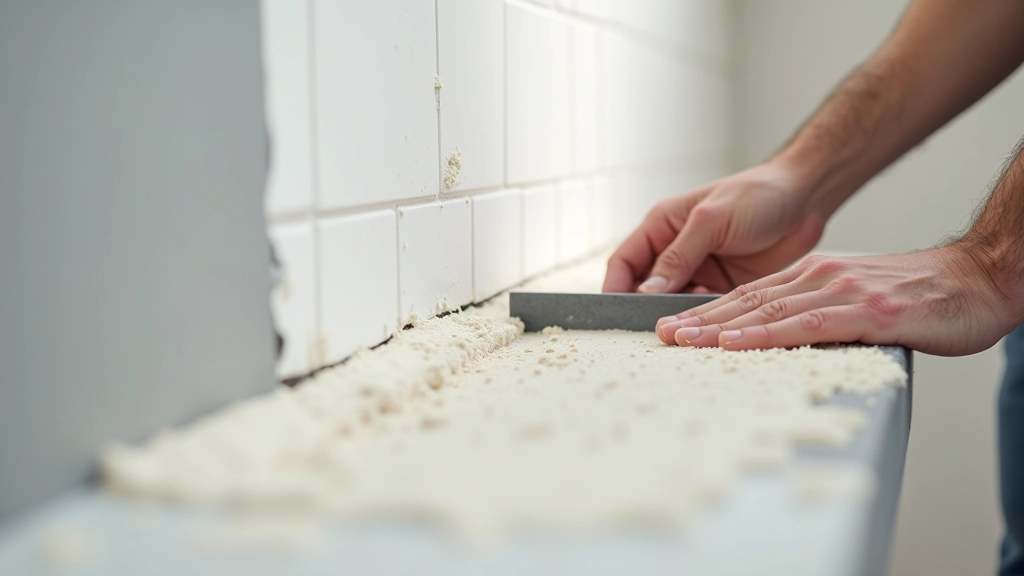 Prepared bathroom wall substrate with leveling compound and straight edge tool for checking flatness