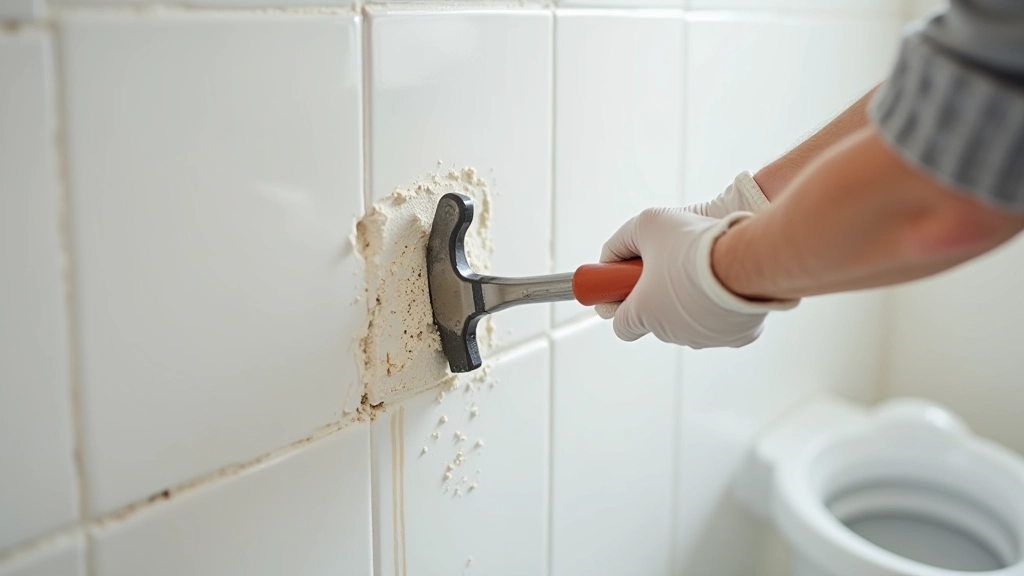 Active demonstration of tile removal technique showing chisel placement at proper angle, hammer strike position, and partial tile separation from bathroom wall surface