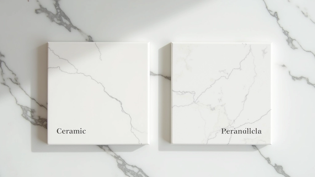 Cross-section comparison of ceramic and porcelain tile samples showing density difference