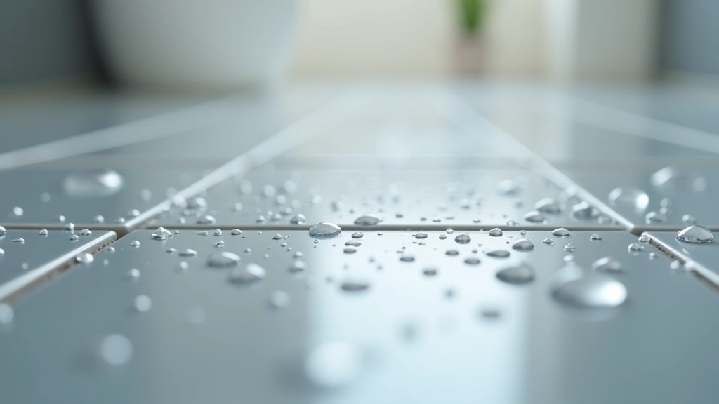 Water droplets on different tile surfaces showing absorption rates